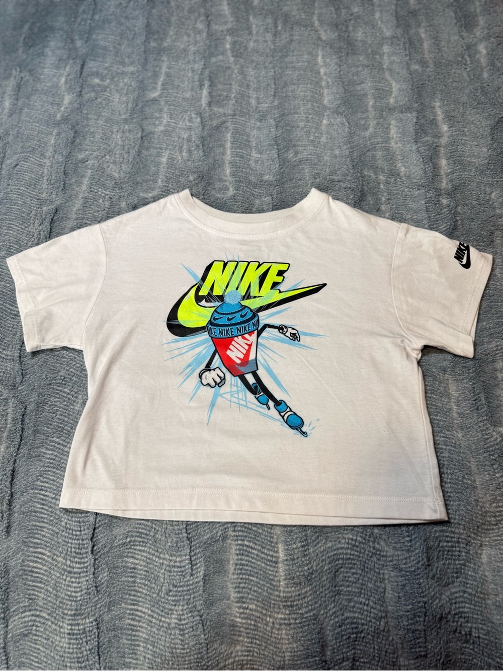 Nike White Tee with Neon Yellow & Blue Graphic Cropped